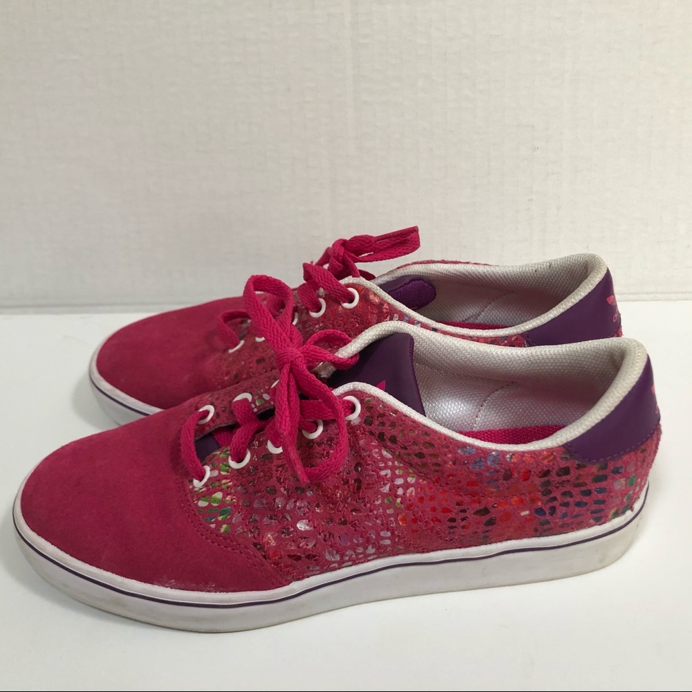 Pink Adidas Suede Shoes with Colorful Patch Detail
